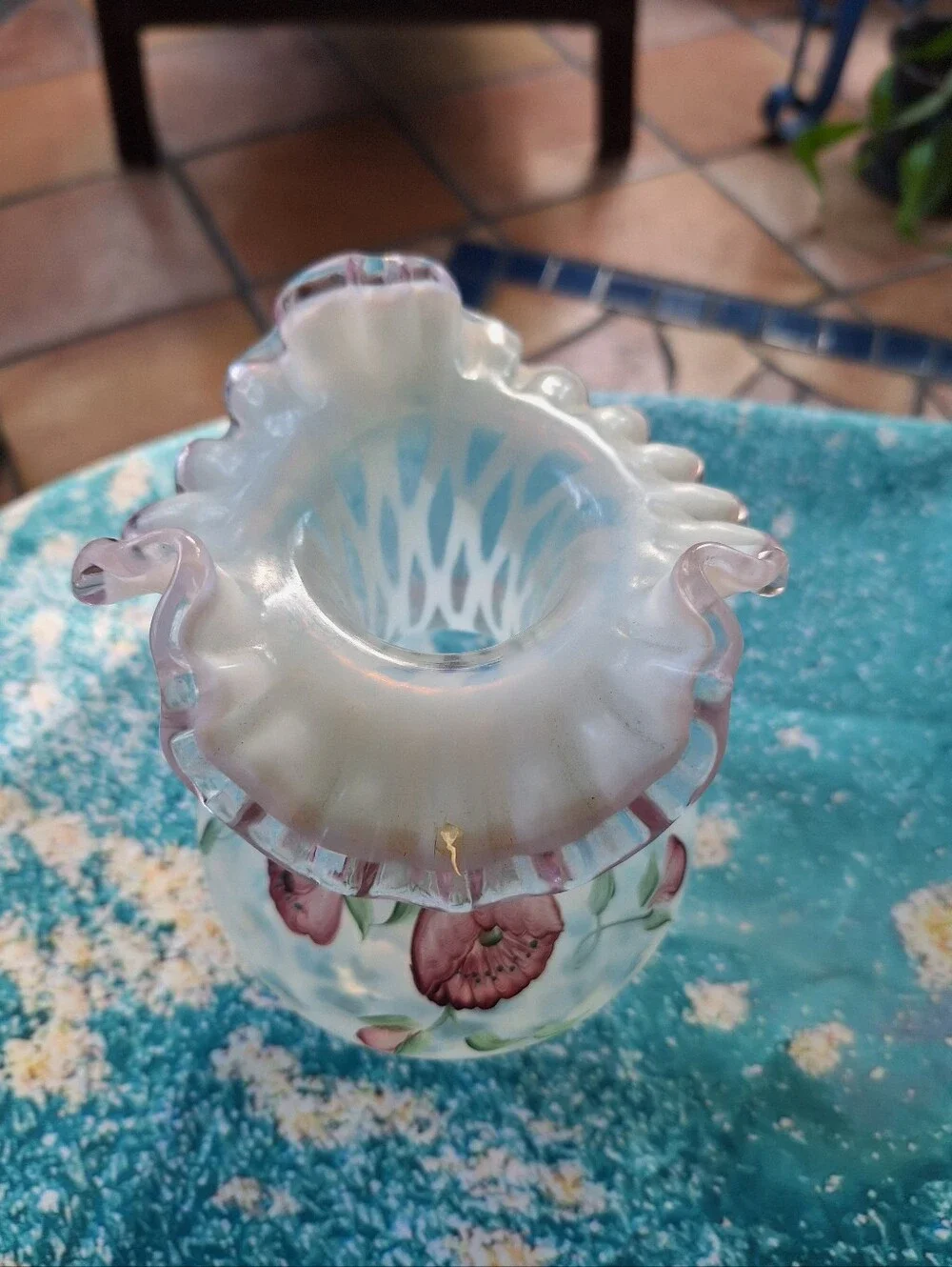 Fenton Vintage Hand-Painted Pink Floral Ruffled Glass Vase